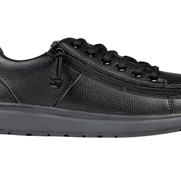 Men's Black to the Floor BILLY Work Comfort Lows, zipper shoes, like velcro, that are adaptive, accessible, inclusive and use universal design to accommodate an afo. Footwear is medium and wide width, M, D and EEE, are comfortable, and come in toddler, kids, mens, and womens sizing.