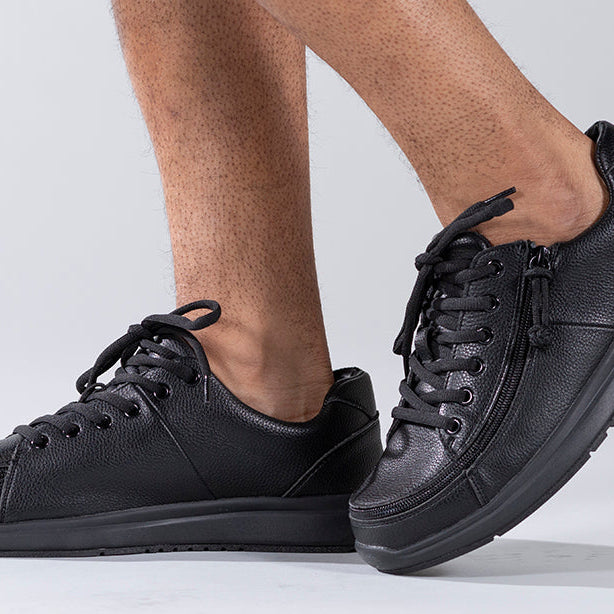 Men's Black to the Floor BILLY Work Comfort Lows, zipper shoes, like velcro, that are adaptive, accessible, inclusive and use universal design to accommodate an afo. Footwear is medium and wide width, M, D and EEE, are comfortable, and come in toddler, kids, mens, and womens sizing.