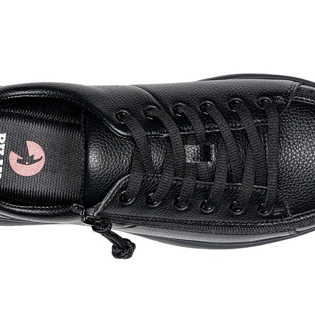 Men's Black to the Floor BILLY Work Comfort Lows, zipper shoes, like velcro, that are adaptive, accessible, inclusive and use universal design to accommodate an afo. Footwear is medium and wide width, M, D and EEE, are comfortable, and come in toddler, kids, mens, and womens sizing.