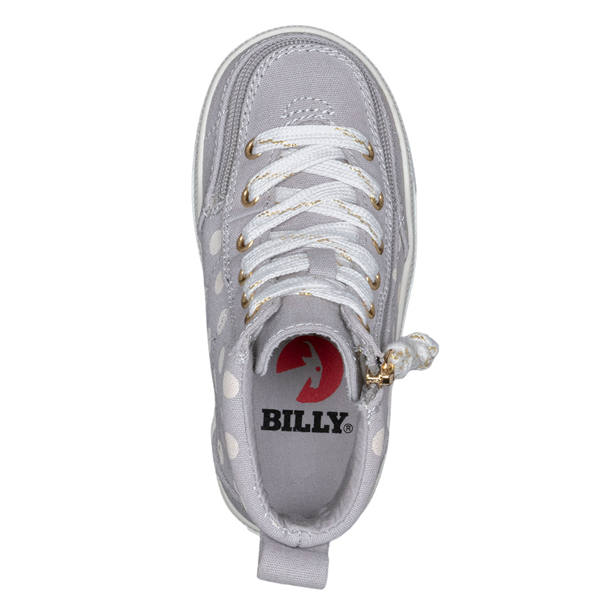 Top view of Toddler Grey Polka BILLY Classic Lace Highs, zipper shoes, like velcro, that are adaptive, accessible, inclusive and use universal design to accommodate an afo. BILLY Footwear is medium and wide width, M, D and EEE, are comfortable, and come in toddler, kids, mens, and womens sizing.