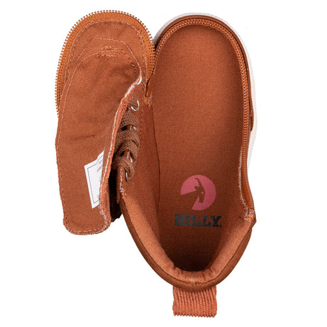 Toddler Cognac BILLY Classic Lace Highs, zipper shoes, like velcro, that are adaptive, accessible, inclusive and use universal design to accommodate an afo. BILLY Footwear comes in  medium and wide width, M, D and EEE, are comfortable, and come in toddler, kids, mens, and womens sizing.