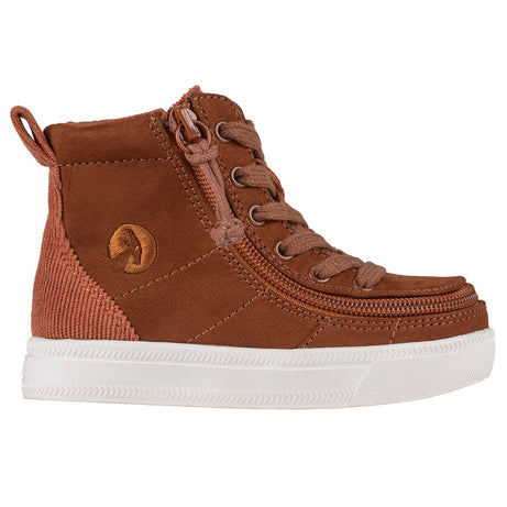 Toddler Cognac BILLY Classic Lace Highs, zipper shoes, like velcro, that are adaptive, accessible, inclusive and use universal design to accommodate an afo. BILLY Footwear comes in  medium and wide width, M, D and EEE, are comfortable, and come in toddler, kids, mens, and womens sizing.