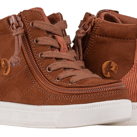 Toddler Cognac BILLY Classic Lace Highs, zipper shoes, like velcro, that are adaptive, accessible, inclusive and use universal design to accommodate an afo. BILLY Footwear comes in  medium and wide width, M, D and EEE, are comfortable, and come in toddler, kids, mens, and womens sizing.