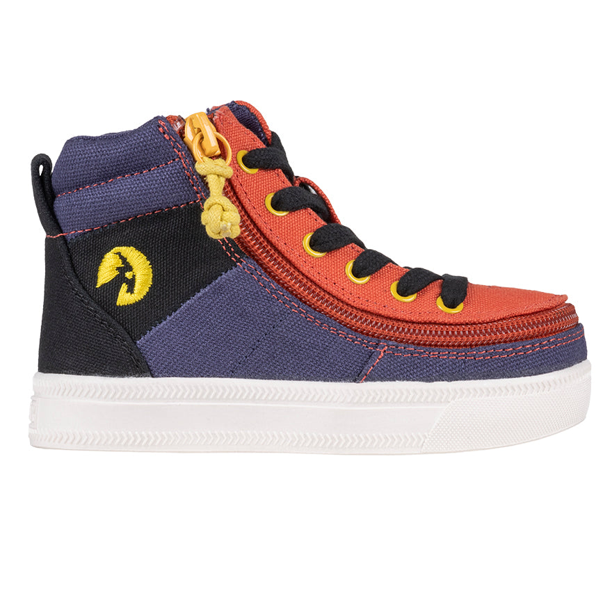 Toddler Navy Colorblock BILLY Street High Tops, zipper shoes, like velcro, that are adaptive, accessible, inclusive and use universal design to accommodate an afo. BILLY Footwear comes in medium and wide width, M, D and EEE, are comfortable, and come in toddler, kids, mens, and womens sizing.