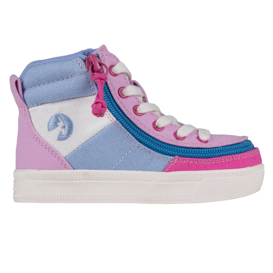 Toddler Pink Colorblock BILLY Street High Tops, zipper shoes, like velcro, that are adaptive, accessible, inclusive and use universal design to accommodate an afo. BILLY Footwear comes in medium and wide width, M, D and EEE, are comfortable, and come in toddler, kids, mens, and womens sizing.