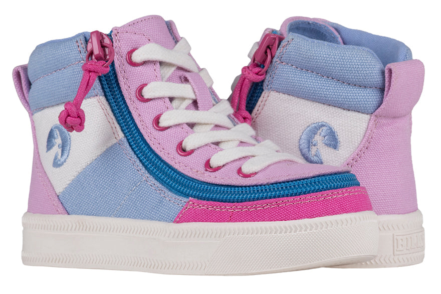 Toddler Pink Colorblock BILLY Street High Tops, zipper shoes, like velcro, that are adaptive, accessible, inclusive and use universal design to accommodate an afo. BILLY Footwear comes in medium and wide width, M, D and EEE, are comfortable, and come in toddler, kids, mens, and womens sizing.