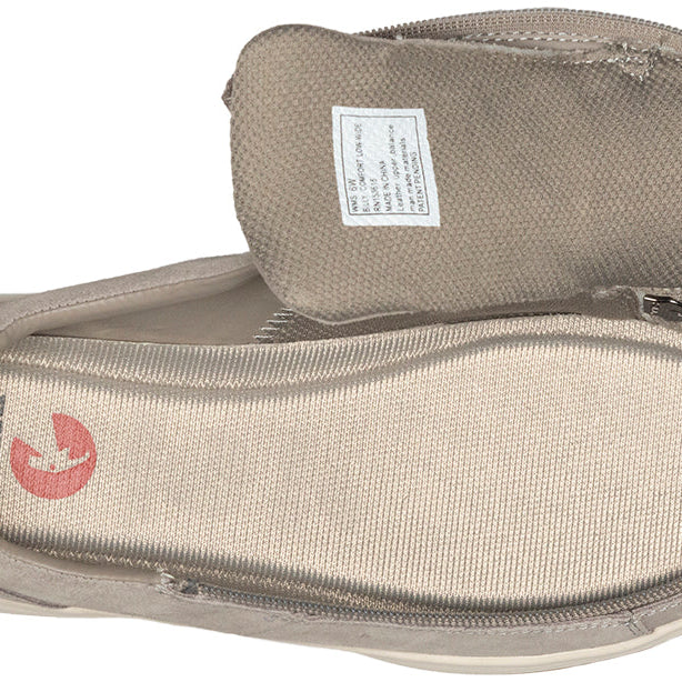 Women's Grey Suede BILLY Comfort Lows, zipper shoes, like velcro, that are adaptive, accessible, inclusive and use universal design to accommodate an afo. Footwear is medium and wide width, M, D and EEE, are comfortable, and come in toddler, kids, mens, and womens sizing.