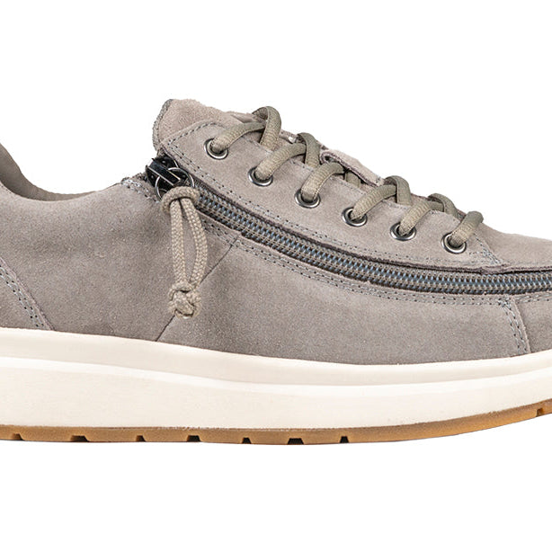 Women's Grey Suede BILLY Comfort Lows, zipper shoes, like velcro, that are adaptive, accessible, inclusive and use universal design to accommodate an afo. Footwear is medium and wide width, M, D and EEE, are comfortable, and come in toddler, kids, mens, and womens sizing.