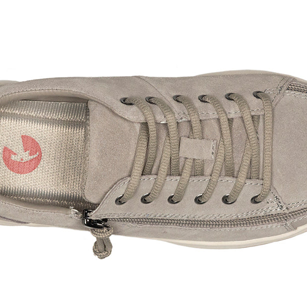 Women's Grey Suede BILLY Comfort Lows, zipper shoes, like velcro, that are adaptive, accessible, inclusive and use universal design to accommodate an afo. Footwear is medium and wide width, M, D and EEE, are comfortable, and come in toddler, kids, mens, and womens sizing.