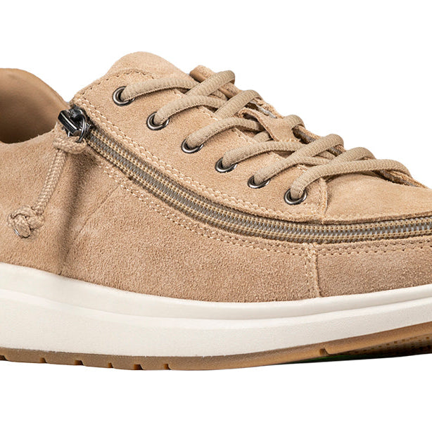 Women's Tan Suede BILLY Comfort Lows, zipper shoes, like velcro, that are adaptive, accessible, inclusive and use universal design to accommodate an afo. Footwear is medium and wide width, M, D and EEE, are comfortable, and come in toddler, kids, mens, and womens sizing.