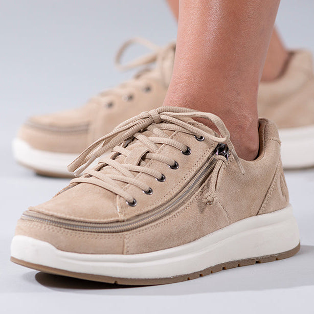 Women's Tan Suede BILLY Comfort Lows, zipper shoes, like velcro, that are adaptive, accessible, inclusive and use universal design to accommodate an afo. Footwear is medium and wide width, M, D and EEE, are comfortable, and come in toddler, kids, mens, and womens sizing.