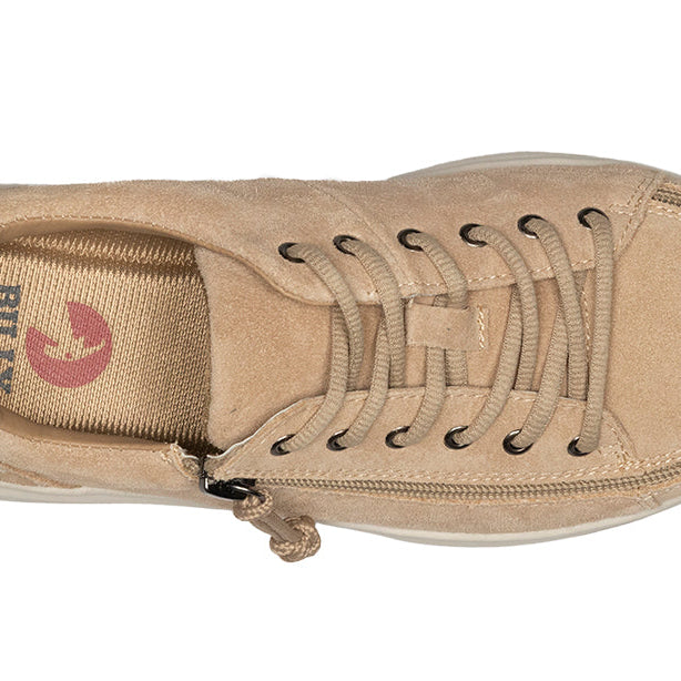 Women's Tan Suede BILLY Comfort Lows, zipper shoes, like velcro, that are adaptive, accessible, inclusive and use universal design to accommodate an afo. Footwear is medium and wide width, M, D and EEE, are comfortable, and come in toddler, kids, mens, and womens sizing.