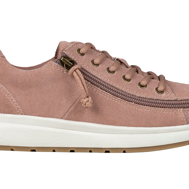 Women's Blush Suede BILLY Comfort Lows, zipper shoes, like velcro, that are adaptive, accessible, inclusive and use universal design to accommodate an afo. Footwear is medium and wide width, M, D and EEE, are comfortable, and come in toddler, kids, mens, and womens sizing.