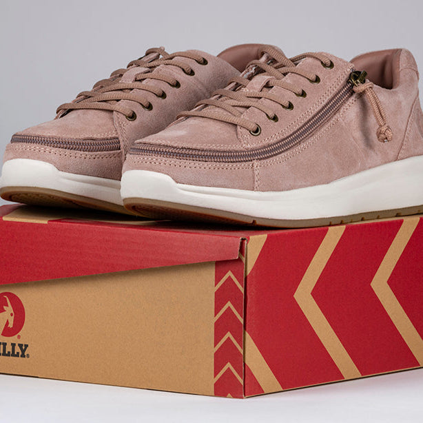 Women's Blush Suede BILLY Comfort Lows, zipper shoes, like velcro, that are adaptive, accessible, inclusive and use universal design to accommodate an afo. Footwear is medium and wide width, M, D and EEE, are comfortable, and come in toddler, kids, mens, and womens sizing.