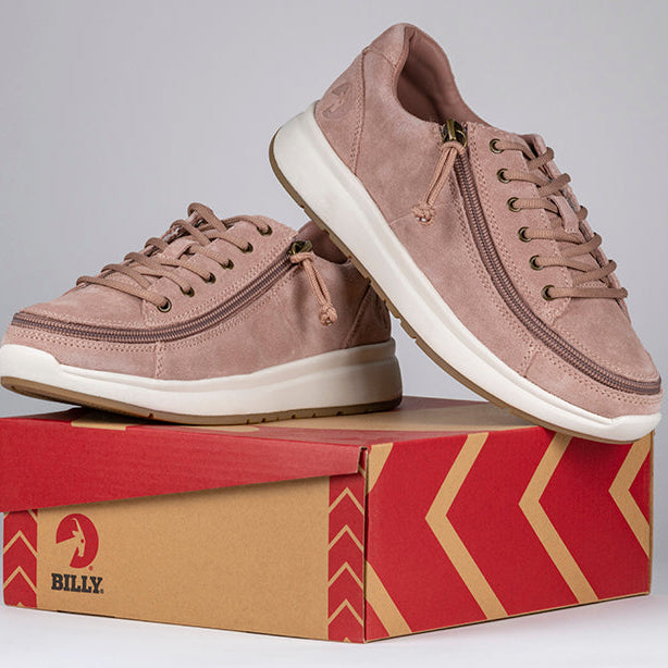 Women's Blush Suede BILLY Comfort Lows, zipper shoes, like velcro, that are adaptive, accessible, inclusive and use universal design to accommodate an afo. Footwear is medium and wide width, M, D and EEE, are comfortable, and come in toddler, kids, mens, and womens sizing.