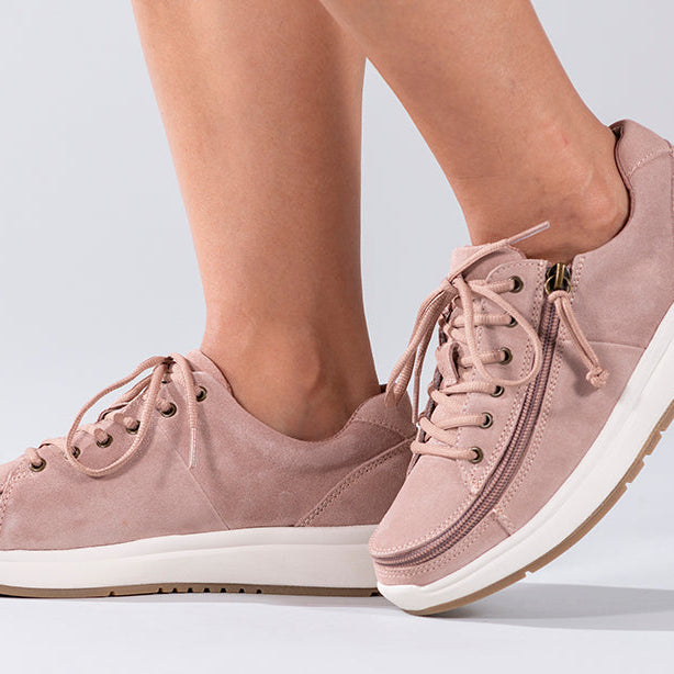 Women's Blush Suede BILLY Comfort Lows, zipper shoes, like velcro, that are adaptive, accessible, inclusive and use universal design to accommodate an afo. Footwear is medium and wide width, M, D and EEE, are comfortable, and come in toddler, kids, mens, and womens sizing.