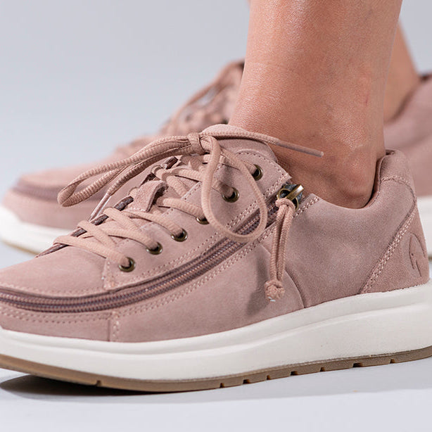 Women's Blush Suede BILLY Comfort Lows, zipper shoes, like velcro, that are adaptive, accessible, inclusive and use universal design to accommodate an afo. Footwear is medium and wide width, M, D and EEE, are comfortable, and come in toddler, kids, mens, and womens sizing.