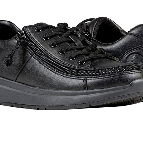 Women's Black to the Floor BILLY Work Comfort Lows, zipper shoes, like velcro, that are adaptive, accessible, inclusive and use universal design to accommodate an afo. Footwear is medium and wide width, M, D and EEE, are comfortable, and come in toddler, kids, mens, and womens sizing.