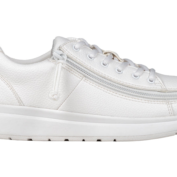 Women's White BILLY Work Comfort Lows, zipper shoes, like velcro, that are adaptive, accessible, inclusive and use universal design to accommodate an afo. Footwear is medium and wide width, M, D and EEE, are comfortable, and come in toddler, kids, mens, and womens sizing.