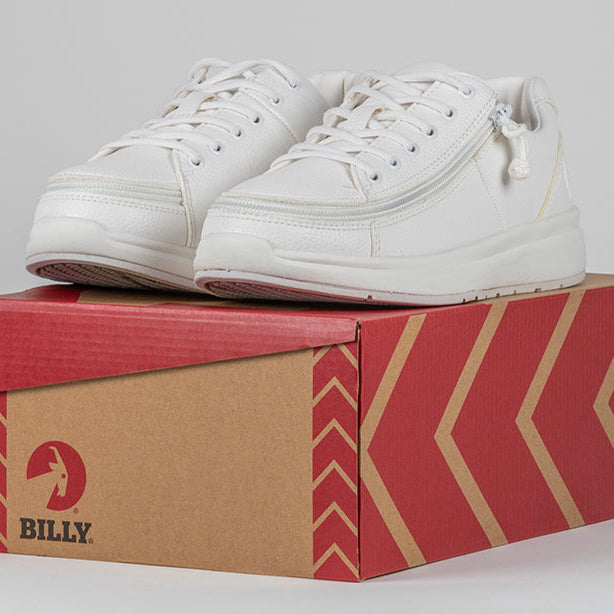 Women's White BILLY Work Comfort Lows, zipper shoes, like velcro, that are adaptive, accessible, inclusive and use universal design to accommodate an afo. Footwear is medium and wide width, M, D and EEE, are comfortable, and come in toddler, kids, mens, and womens sizing.