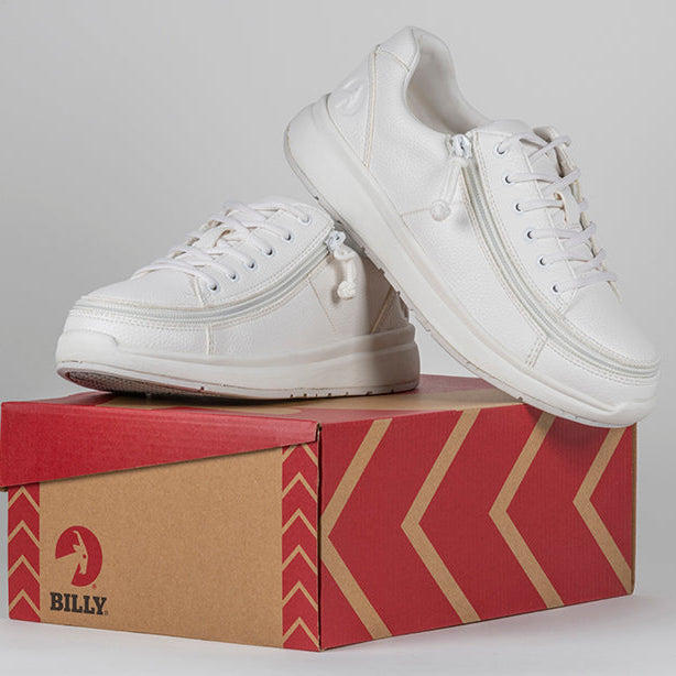 Women's White BILLY Work Comfort Lows, zipper shoes, like velcro, that are adaptive, accessible, inclusive and use universal design to accommodate an afo. Footwear is medium and wide width, M, D and EEE, are comfortable, and come in toddler, kids, mens, and womens sizing.
