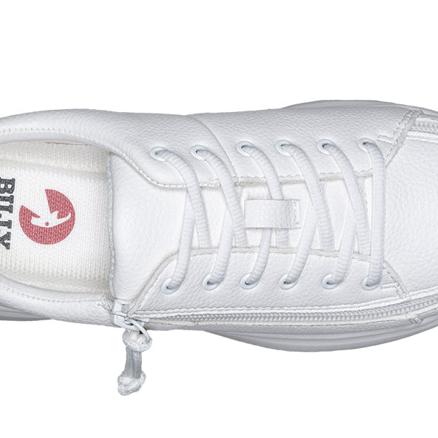 Women's White BILLY Work Comfort Lows, zipper shoes, like velcro, that are adaptive, accessible, inclusive and use universal design to accommodate an afo. Footwear is medium and wide width, M, D and EEE, are comfortable, and come in toddler, kids, mens, and womens sizing.